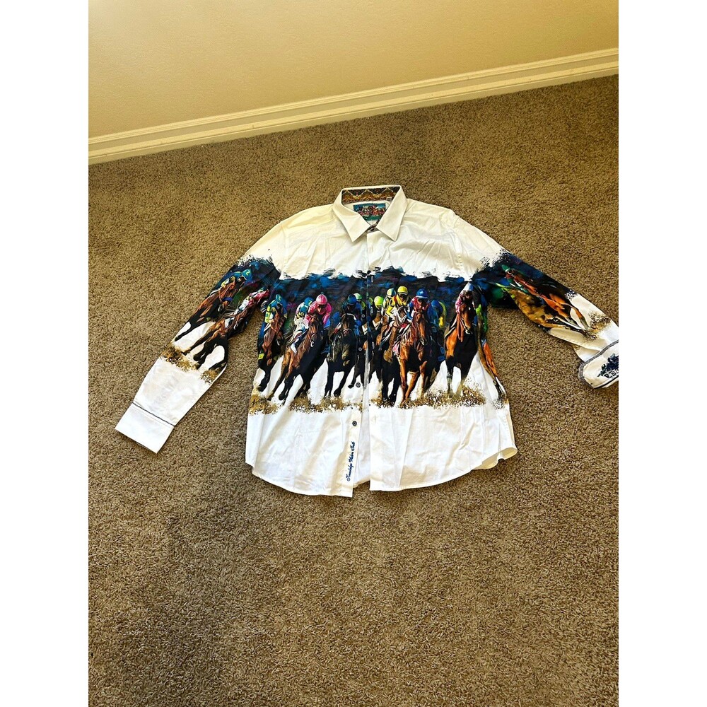 Ralph Marlin Western Horse Graphic Print Button-Front Shirt White 3XL
